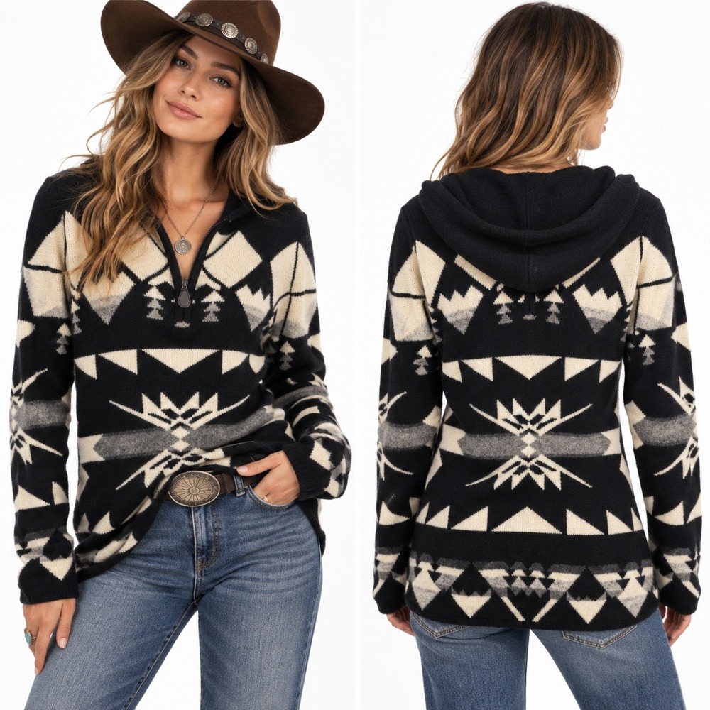 Ralph Lauren Lambswool Sweater Hooded Pullover Southwestern Nordic Aztec Cozy L